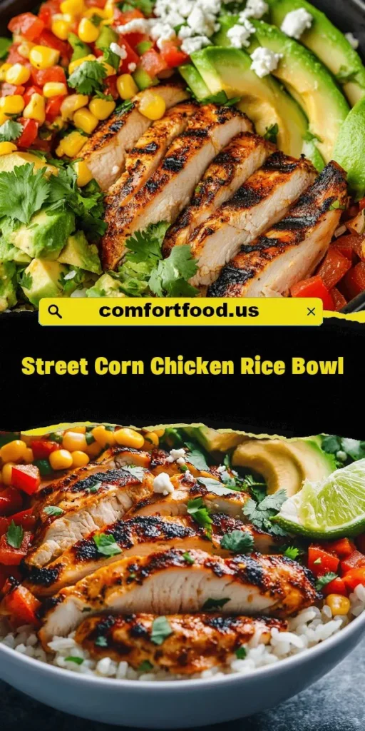 Discover the deliciousness of the Street Corn Chicken Rice Bowl, a delightful fusion of Mexican street corn flavors that's perfect for any meal! This easy-to-make recipe combines grilled chicken, fluffy jasmine rice, sweet corn, and creamy toppings, creating a hearty and satisfying dish. Ideal for busy weeknights or meal prep, it’s sure to be a family favorite. Try it out and elevate your dinner game! #StreetCornChickenRiceBowl #MexicanFlavors #EasyRecipes #HealthyEating #MealPrepIdeas