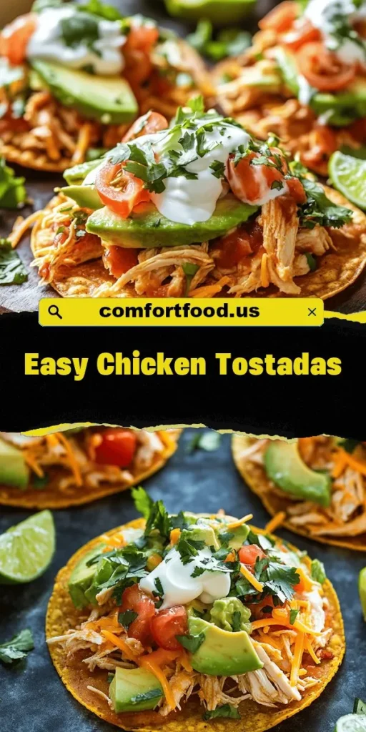 Discover the deliciousness of Crunchy Chicken Tostadas, a flavorful and easy-to-make dish perfect for busy nights or casual gatherings. These crispy corn tortillas are topped with shredded chicken, refried beans, fresh veggies, and your favorite garnishes like avocado and sour cream. Versatile and adaptable, tostadas cater to any dietary preference, making them a crowd favorite. Bring a taste of Mexico to your table today! #Tostadas #MexicanFood #EasyRecipes #FamilyDinner #DeliciousMeals
