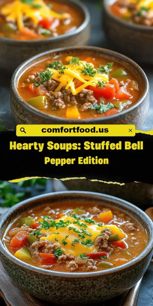 Warm up with a bowl of Hearty Stuffed Bell Pepper Soup, a comforting dish that brings together the classic flavors of stuffed peppers into a delicious soup. This nutritious, one-pot meal combines bell peppers, savory ground meat, and aromatic spices, perfect for busy families. Whether enjoyed on a chilly night or a crisp autumn day, this recipe is both satisfying and easy to prepare. Dive in for warmth and flavor! #StuffedPepperSoup #ComfortFood #OnePotMeal #HealthyRecipes #FamilyDinner #EasyCooking