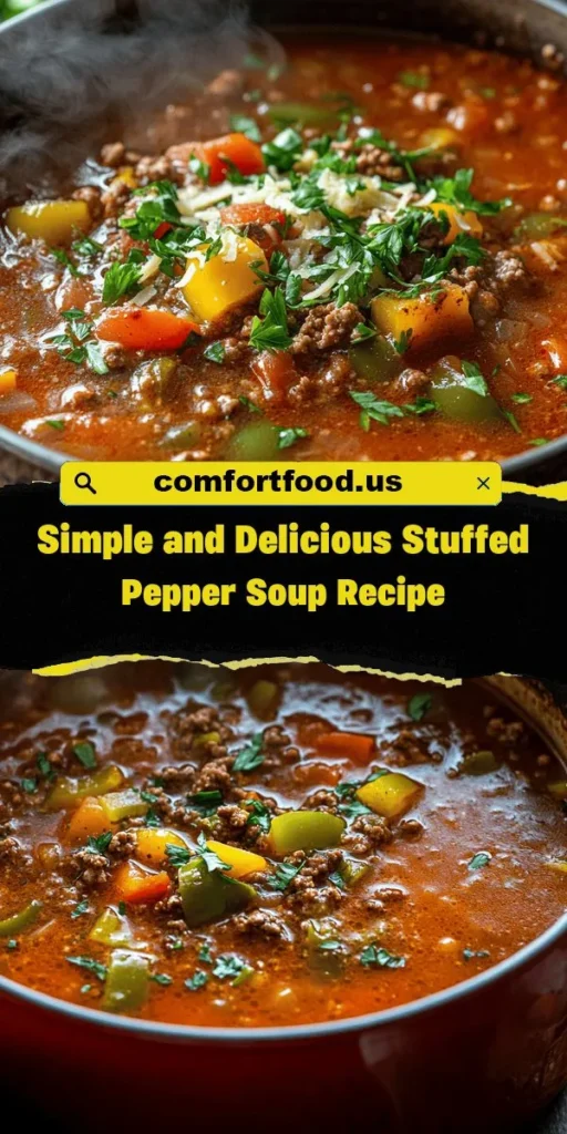 Warm up your evenings with this Hearty Stuffed Pepper Soup, a comforting fusion of flavors that captures the essence of classic stuffed peppers in a nourishing broth. Perfect for busy weeknights, this soup is easy to prepare in under an hour and is adaptable to suit any taste. Packed with protein, vitamins, and hearty ingredients, it’s a meal the whole family will love. Discover how to create this delicious dish today! #SoupRecipes #ComfortFood #HealthyEating #DinnerIdeas #CozyMeals #YummyRecipes
