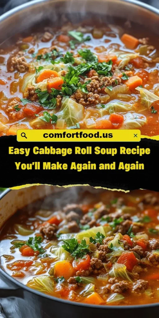 Dive into comfort with this Easy Cabbage Roll Soup recipe that's sure to become a family favorite! Packed with wholesome ingredients like cabbage, ground meat, and hearty rice, this soup is not only delicious but also nutritious. Perfect for busy days, it combines traditional flavors into a quick and satisfying meal. Customize it with your favorite veggies or proteins for endless variations. Try it today! #CabbageRollSoup #ComfortFood #HealthyEating #EasyRecipes #HomemadeSoup