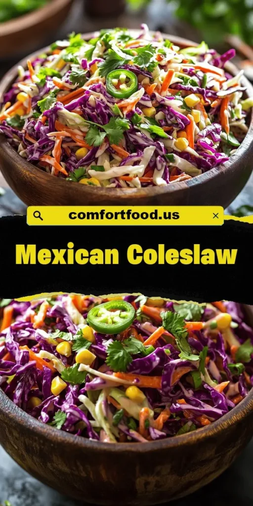 Discover the vibrant flavors of Crunchy Fiesta Mexican Coleslaw! This colorful and refreshing dish combines crisp cabbage, sweet corn, and zesty lime for a perfect side to tacos or grilled meats. Packed with nutrition and delightful textures, it's a must-have for summer BBQs or family gatherings. Easy to prepare and bursting with freshness, enjoy this coleslaw as a standalone salad or topping. Try it today! #Coleslaw #HealthyEating #MexicanCuisine #SaladRecipes #SummerMeals #FiestaFood #VegetarianDelight