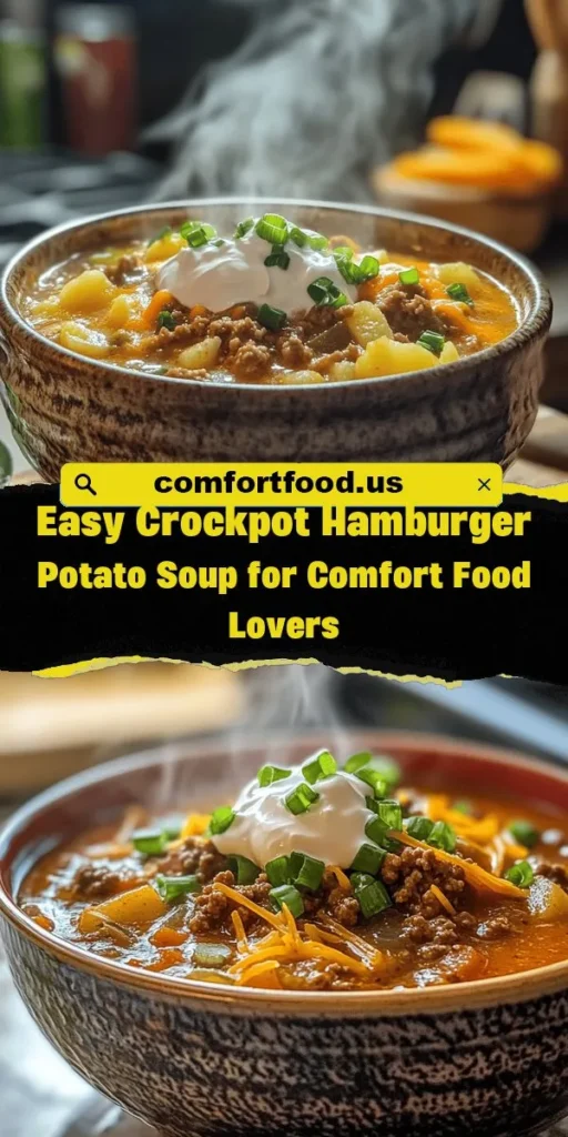 Warm up this season with Cozy Crockpot Hamburger Potato Soup, the ultimate comfort food for chilly days. This simple and hearty recipe combines ground beef, tender potatoes, and flavorful herbs, simmered to perfection in your crockpot. Perfect for family gatherings or meal prep throughout the week, each bowl is guaranteed to satisfy everyone’s taste buds. Customize with your favorite toppings for an extra special touch! #CrockpotRecipes #ComfortFood #SoupSeason #EasyMeals #CozyEats