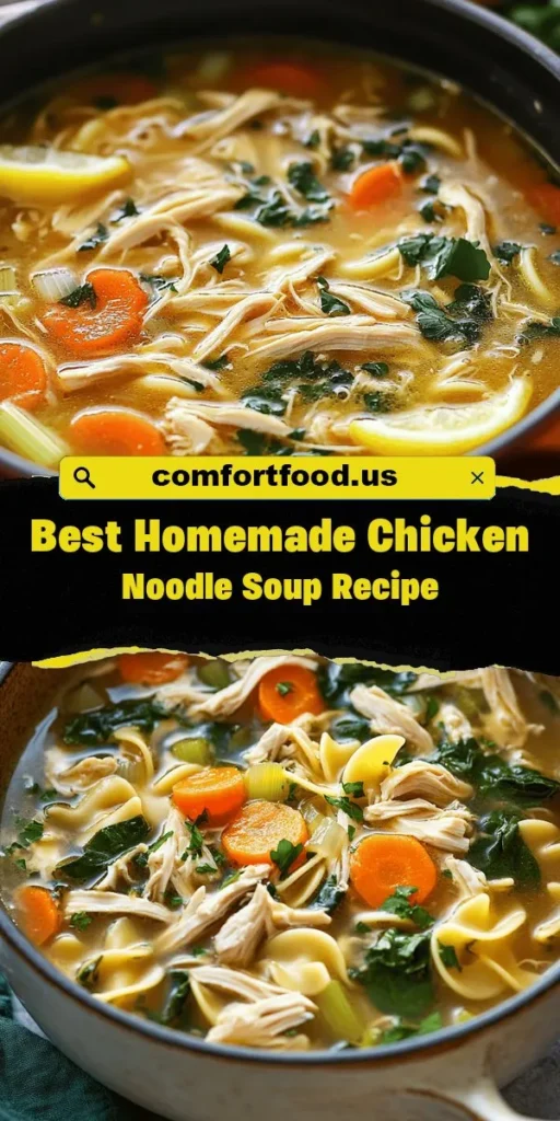 Warm your heart and soul with our Cozy Comfort Chicken Noodle Soup, the ultimate comfort food for any season! This homemade recipe combines tender chicken, hearty noodles, and fresh vegetables, infusing your kitchen with delightful aromas. Perfect for chilly evenings or nurturing a loved one feeling under the weather. Discover the joy of cooking and come together over a bowl of love. #ChickenNoodleSoup #ComfortFood #Homemade #CozyMeals #FamilyRecipes #SoupSeason #HealthyEating
