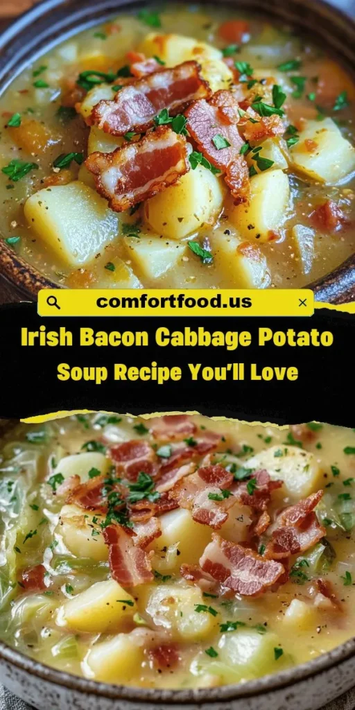 Warm up your kitchen with this delicious Irish Bacon Cabbage Potato Soup! A comforting blend of thick-cut bacon, earthy potatoes, and crisp cabbage, this hearty soup is perfect for chilly evenings or family gatherings. Packed with flavor and easily customizable to fit dietary preferences, it's a recipe you'll cherish. Whether you're cooking for a crowd or just for yourself, this dish embodies the warmth of traditional Irish cuisine. #IrishCooking #SoupRecipes #ComfortFood #BaconLovers #HealthyEating