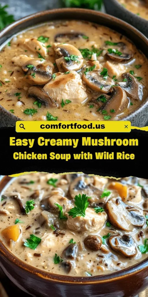 Warm up your kitchen with this Easy Creamy Mushroom Chicken Soup with Wild Rice! This comforting dish combines tender chicken, earthy mushrooms, and hearty wild rice for a nourishing meal that's perfect for any occasion. Quick to prepare and packed with flavor, it's ideal for busy weeknights or a cozy weekend treat. Explore the health benefits of each ingredient while enjoying this rich and satisfying soup. Ready to dive in? #SoupRecipe #CreamyMushroomChickenSoup #WildRice #ComfortFood #HealthyEating #EasyDinner