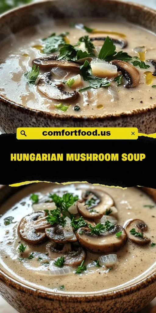 Warm up with a bowl of Hungarian Mushroom Soup, a comforting classic that's both creamy and flavorful. This traditional recipe combines earthy mushrooms, aromatic herbs, and a touch of paprika, making it perfect for chilly nights. Packed with nutritional benefits, it’s easy to prepare and customizable for dietary needs. Dive into the rich heritage of Hungarian cuisine and bring this delightful dish to your kitchen! #HungarianMushroomSoup #ComfortFood #SoupRecipes #HealthyEating #HomemadeDeliciousness