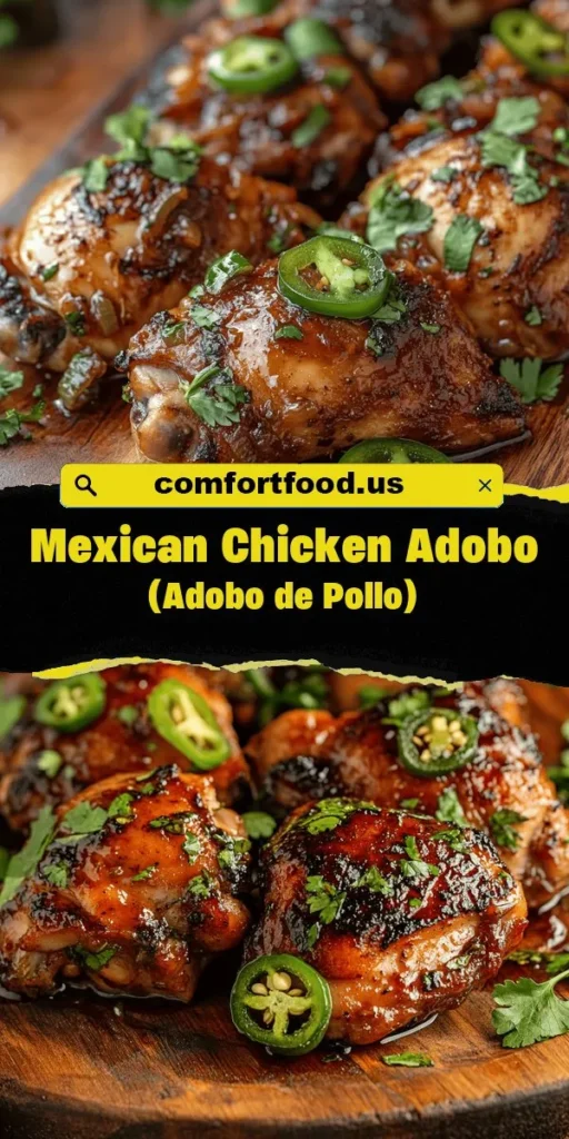 Discover the bold and vibrant flavors of Mexico with this Spicy and Savory Chicken Adobo recipe! This beloved dish combines marinated chicken thighs with a delightful blend of spices, soy sauce, and cider vinegar for an unforgettable meal. Perfect for a family dinner or a festive gathering, Chicken Adobo brings warmth and comfort to the table. Ready to impress? Try it out today! #ChickenAdobo #MexicanCuisine #SpicyFood #ComfortFood #CookingAtHome #Foodie