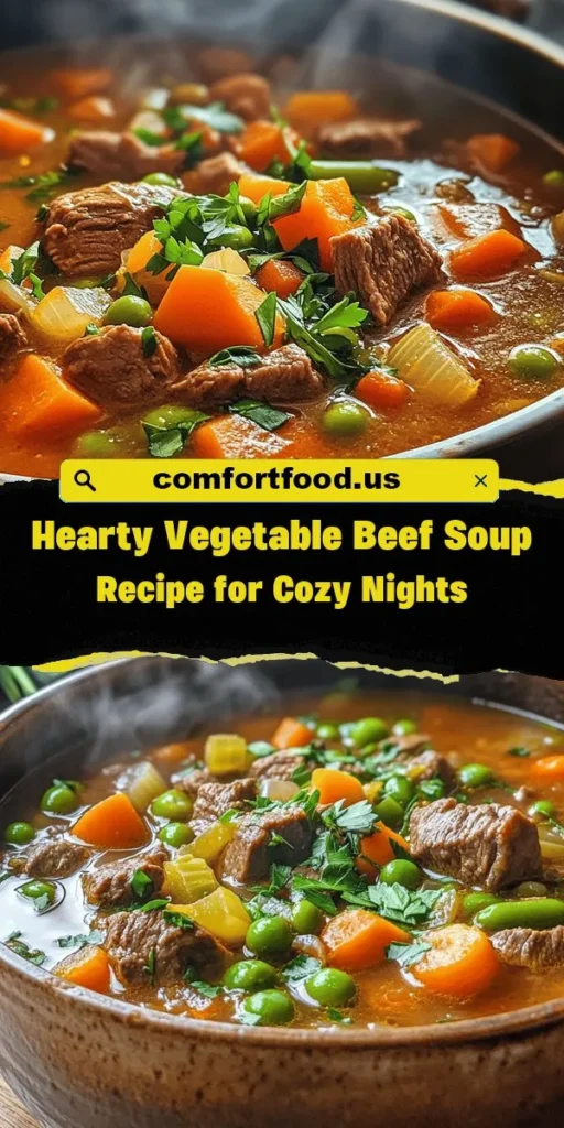 Warm up this winter with a delicious bowl of Hearty Vegetable Beef Soup! Packed with tender beef, vibrant veggies, and aromatic herbs, this comforting soup is perfect for chilly nights. Easy to customize with seasonal produce and helpful for healthy eating, it’s a family favorite that guarantees satisfaction. Cozy up under a blanket and enjoy this nutritious dish that warms both body and soul. #HeartySoup #ComfortFood #WinterRecipes #HomemadeSoup #HealthyEating #CozyNights