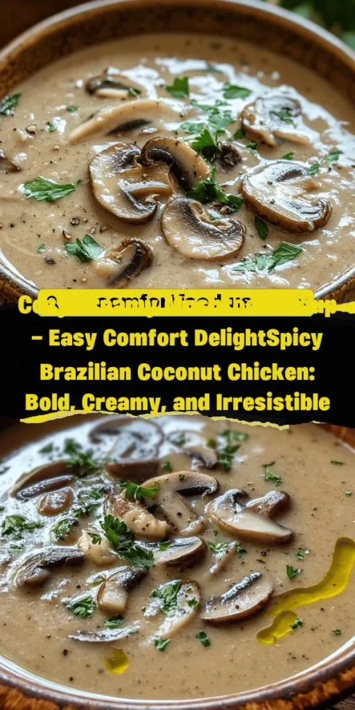 Discover the comforting delight of Cozy Creamy Mushroom Soup paired with the vibrant Spicy Brazilian Coconut Chicken! This culinary journey brings together rich flavors and nourishing ingredients, perfect for chilly evenings or a festive gathering. Embrace the earthiness of mushrooms and the tropical kick of coconut as you create these memorable dishes at home. Ideal for sharing with loved ones or enjoying solo, these recipes infuse warmth and joy into every bite. #MushroomSoup #CoconutChicken #ComfortFood #HomeCooking #Foodie #RecipeIdeas #CulinaryJourney