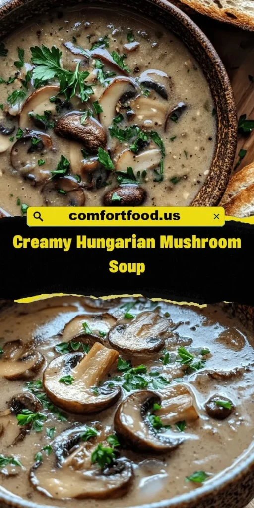 Discover the heartwarming flavors of Hungarian cuisine with a delightful recipe for creamy mushroom soup. This comforting dish features fresh mushrooms, aromatic onions, and rich spices, creating a luxurious yet wholesome experience in every bowl. Perfect for all diets, it's an ideal meal for chilly days that brings a touch of cultural heritage to your kitchen. Try this sumptuous soup today! #HungarianCuisine #MushroomSoup #ComfortFood #HomeCooking #RecipeIdeas #HealthyEating #FoodLovers