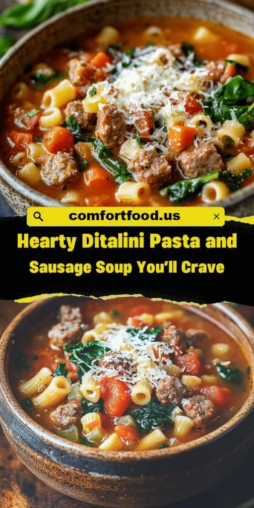 Warm up your winter nights with this Hearty Ditalini Pasta and Sausage Soup! This comforting bowl combines Italian sausage, fresh vegetables, and tender ditalini pasta for a nutritious and flavor-packed meal. Perfect for chilly evenings, it's customizable with seasonal veggies and herbs, making it a versatile choice for any household. Top it off with grated Parmesan for an extra touch! Get the full recipe and make your next meal a cozy delight. #PastaSoup #ComfortFood #WinterRecipes #HealthyEating #CookingAtHome #ItalianCuisine