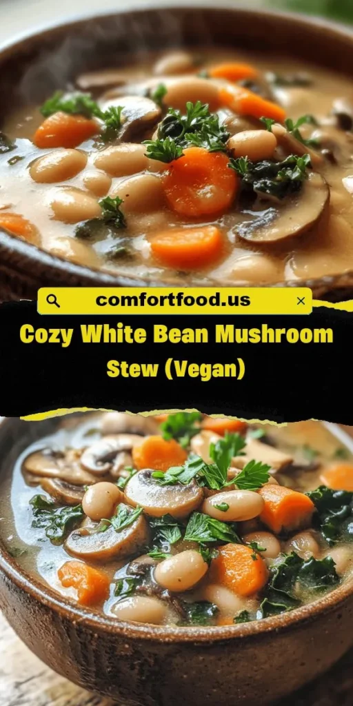 Warm up your chilly evenings with Cozy White Bean Mushroom Stew, a hearty dish that brings comfort and nourishment in every bite. Packed with white beans, mushrooms, and a vibrant mix of vegetables, this stew is perfect for family gatherings or a cozy night in. Enjoy the rich flavors while nourishing your body with essential nutrients. Easy to make and adaptable to your taste, it’s a must-try for fall and winter! #ComfortFood #VegetarianRecipes #HealthyEating #StewSeason #HomeCooking