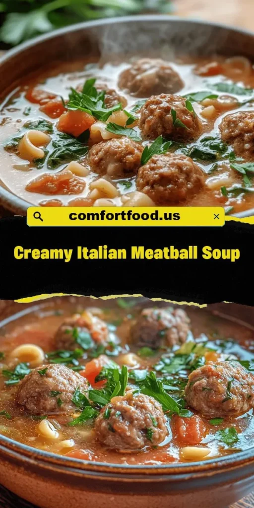 Warm up this winter with a bowl of Savory Italian Meatball Soup Delight! This comforting dish features juicy meatballs, fresh spinach, and hearty pasta, all simmered in a rich broth. Perfect for family gatherings or cozy nights in, it's a blend of tradition and innovation that will warm your heart and soothe your soul. Easy to make and full of flavor, this soup is sure to become a family favorite! #ItalianSoup #ComfortFood #MeatballSoup #CozyMeals #HomemadeGoodness