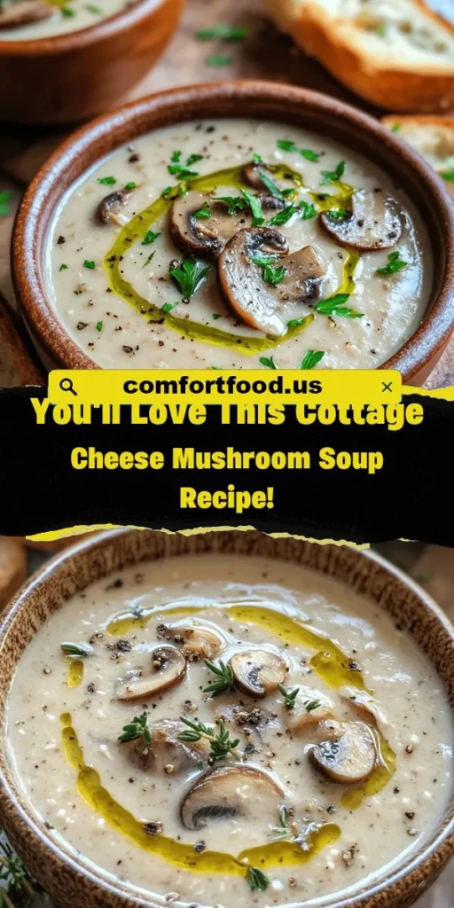 Discover the heartwarming Creamy Cottage Cheese Mushroom Soup Delight, a perfect blend of rich mushrooms and creamy cottage cheese that’s both nourishing and tasty. This savory soup is not only easy to make, but it also packs a protein punch while being low in calories. Ideal for any meal, it will warm you up on chilly days and impress guests. Get cooking and enjoy this delicious comfort food! #SoupRecipes #HealthyEating #ComfortFood #MushroomSoup #CottageCheese #EasyRecipes #MealPrep