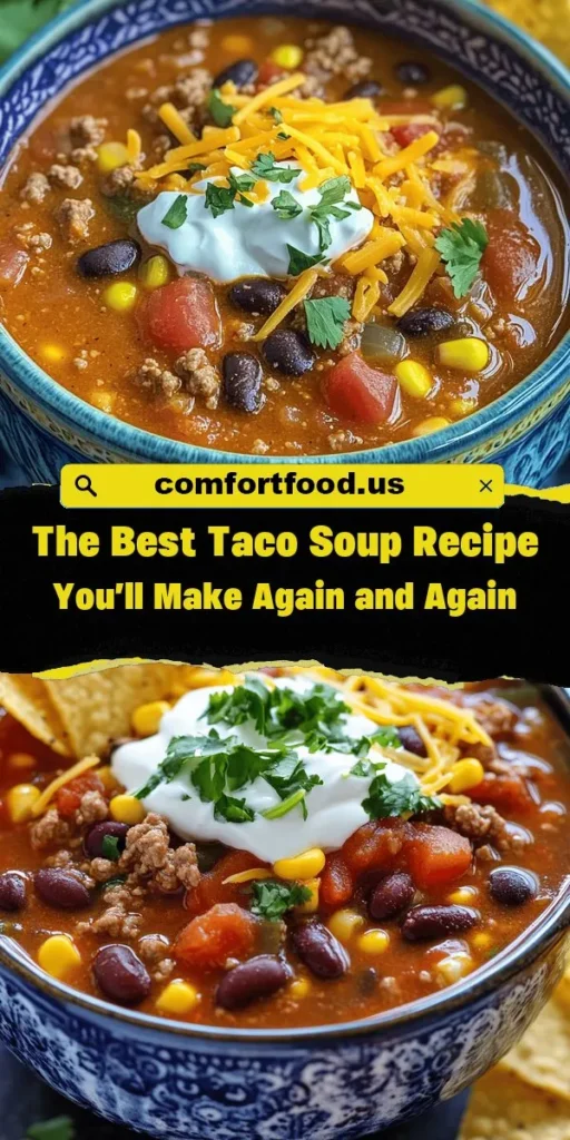 Discover the Ultimate Taco Soup recipe that brings comfort and flavor to your table! This hearty dish combines the beloved tastes of taco night into a warm, satisfying soup perfect for busy weeknights or gatherings. Customize it with ground meat, beans, and fresh veggies, plus a variety of toppings like cheese, avocado, and tortilla chips. Easy to make and even better as leftovers, this soup will quickly become a family favorite! #TacoSoup #ComfortFood #EasyRecipes #MealPrep #HealthyEating