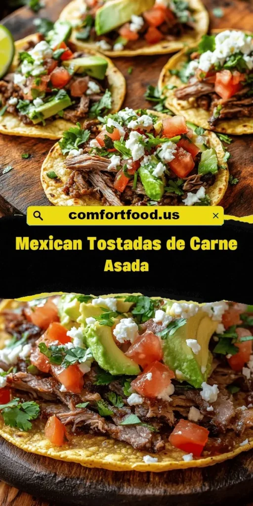 Dive into the vibrant flavors of Mexican cuisine with Tostadas de Carne Asada! This delicious dish features a crispy tostada shell topped with marinated and grilled steak, refried beans, and fresh toppings for a mouthwatering experience. Perfect for family gatherings or casual dinners, it's easy to make and packed with flavor. Explore this delightful recipe to enjoy a taste of tradition right in your kitchen! #Tostadas #CarneAsada #MexicanCuisine #RecipeIdeas #Foodie #CookingAtHome #DeliciousMeals #FlavorfulDishes
