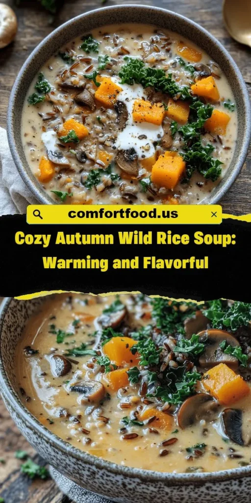 Warm up your autumn evenings with this Cozy Autumn Wild Rice Soup, a delicious blend of seasonal flavors! Packed with nutritious wild rice, hearty vegetables, and aromatic herbs, this soup is not only comforting but also a great way to enjoy the bounty of fall. Perfect for family gatherings or a cozy night in, each spoonful is a nourishing hug in a bowl. Gather your ingredients and celebrate the season’s best! #WildRiceSoup #AutumnRecipes #ComfortFood #HealthyEating #SeasonalCooking