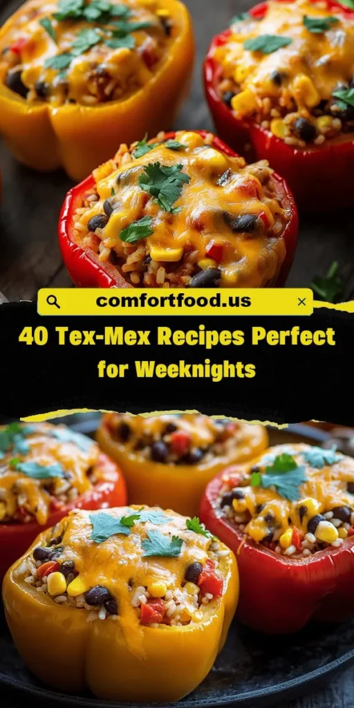 Discover a family favorite with these Cheesy Fiesta Stuffed Peppers, a vibrant and nutritious Tex-Mex delight! Packed with bell peppers, rice, beans, and melty cheese, they are easy to customize for different dietary needs. Perfect for busy weeknights, they not only look beautiful but taste incredible. Embrace bold flavors and bring joy to the table with this colorful meal! #CheesyStuffedPeppers #TexMex #FamilyDinner #HealthyEating #EasyRecipes #ComfortFood