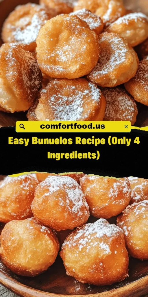 Discover the joy of making buñuelos with this easy 4-ingredient recipe! These delightful fried dough balls, beloved across cultures, are perfect for holidays or any snack time. With just all-purpose flour, baking powder, salt, and water or milk, you can create crispy, fluffy treats that bring warmth and nostalgia. Customize your buñuelos with sweet or savory flavors for a unique twist! Try it out and make lasting memories with family and friends. #Buñuelos #EasyRecipes #ComfortFood #FamilyCooking #CulinaryTraditions #SnackIdeas