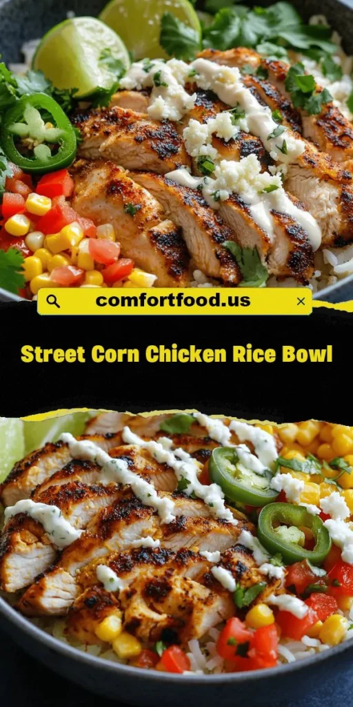 Delight in the vibrant flavors of the Street Corn Chicken Rice Bowl! This hearty dish features succulent chicken thighs, fluffy jasmine rice, and a colorful mix of vegetables, all topped with zesty lime mayonnaise and crumbled cotija cheese. Perfect for weeknight dinners or gatherings, it’s easy to make and packed with nutrition. Explore this delicious recipe and elevate your meals! #StreetCorn #RiceBowl #ComfortFood #HealthyEating #RecipeIdeas #HomeCooking