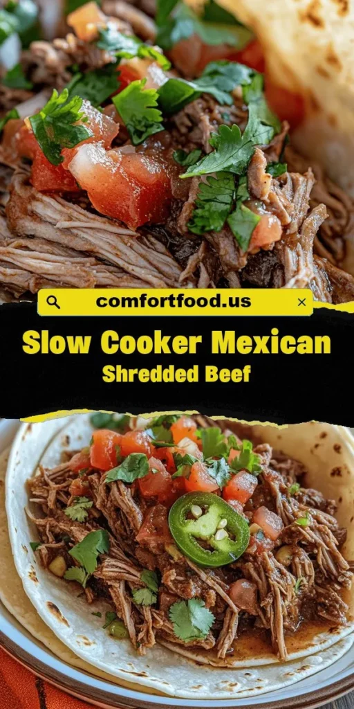 Bring the vibrant flavors of Mexico to your table with this Slow Cooker Mexican Shredded Beef Fiesta! This tender, shredded beef is infused with a delicious blend of spices and fresh ingredients, perfect for tacos, burritos, or rice bowls. The slow cooking process ensures every bite is juicy and flavorful, making it a fantastic choice for busy weeknights or festive gatherings. Try this easy, versatile recipe and savor the fiesta at home! #SlowCooking #MexicanBeef #ComfortFood #TacoTuesday #EasyRecipes #MealPrep #FamilyDinner