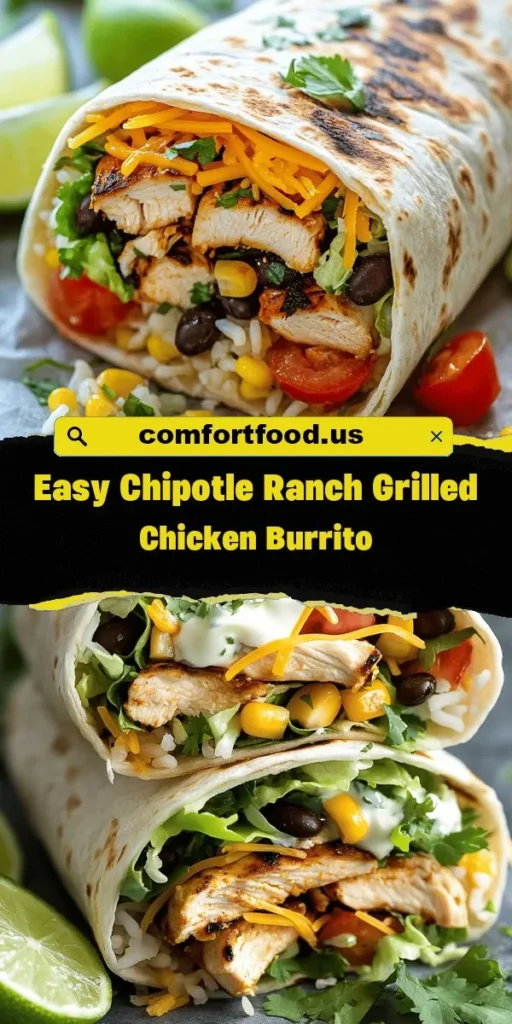 Ready to elevate your meal game? Try this Easy Chipotle Ranch Grilled Chicken Burrito recipe packed with flavor! Juicy grilled chicken, creamy chipotle ranch, and fresh veggies come together in a soft tortilla for a satisfying bite every time. Perfect for a weeknight dinner or a gathering with friends, this recipe is quick to make and customizable to fit all dietary preferences. Get started on your kitchen adventure! #Burrito #Recipe #GrilledChicken #Chipotle #MealPrep #Foodie #Yummy #CookingAtHome