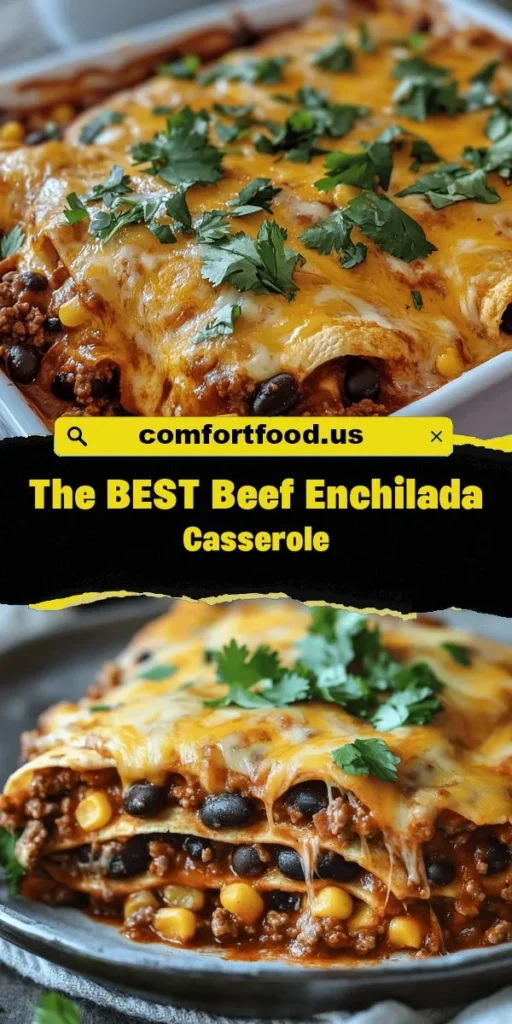 Discover the ultimate comfort food with this Beef Enchilada Casserole! Bursting with rich flavors from seasoned beef, vibrant veggies, and melty cheese, this layered dish is perfect for family dinners or potlucks. Get ready to savor a taste of tradition with every bite. Follow our step-by-step guide to create this delectable recipe that will quickly become a family favorite. Elevate your dining experience with a dish that’s as delicious as it is satisfying! #BeefEnchiladaCasserole #ComfortFood #RecipeIdeas #FamilyDinner #MexicanCuisine #FoodieFavorites