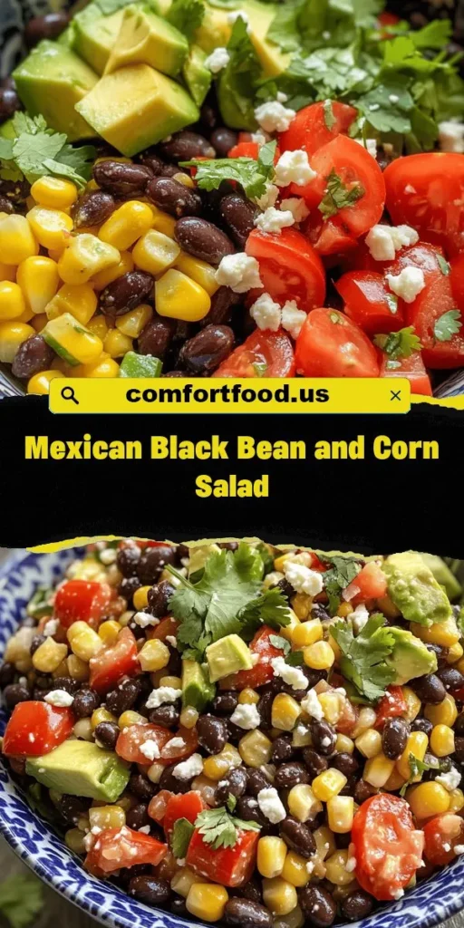 Discover the vibrant and nutritious Zesty Mexican Black Bean and Corn Salad, a perfect blend of fresh ingredients that elevate any meal. Loaded with protein, fiber, and essential vitamins, this salad is not only visually appealing but also beneficial for your health. Ideal for picnics, BBQs, or as a side dish, it encourages a balanced lifestyle. Try it today and customize it to your taste! #SaladRecipe #HealthyEating #MexicanCuisine #PlantBased #Foodie #SummerSalad #VeganDelight