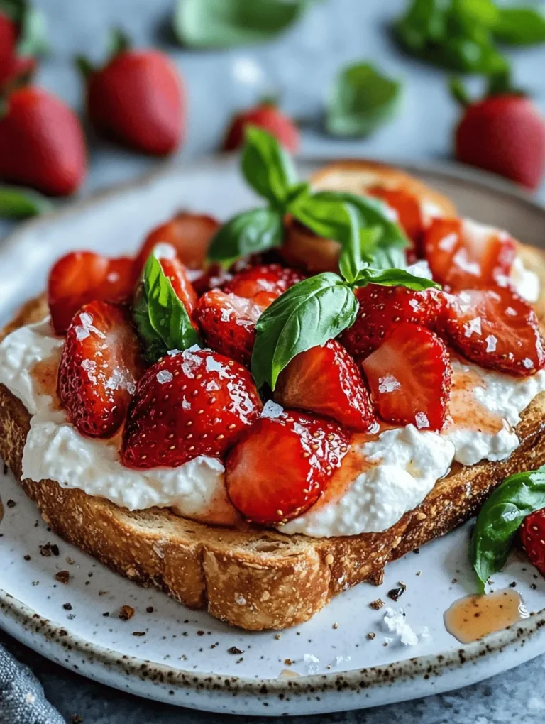 Understanding the appeal of this dish begins with appreciating its ingredients. The sweet, caramelized strawberries create a rich and concentrated flavor, while the creamy ricotta provides a luxurious texture that melts in your mouth. As these elements come together on a slice of toasted rustic bread, the result is a harmonious blend of sweetness and creaminess, perfectly balanced by a drizzle of balsamic vinegar. This dish not only pleases the palate but also captivates the eyes, showcasing vibrant colors and an elegant presentation that is sure to impress.