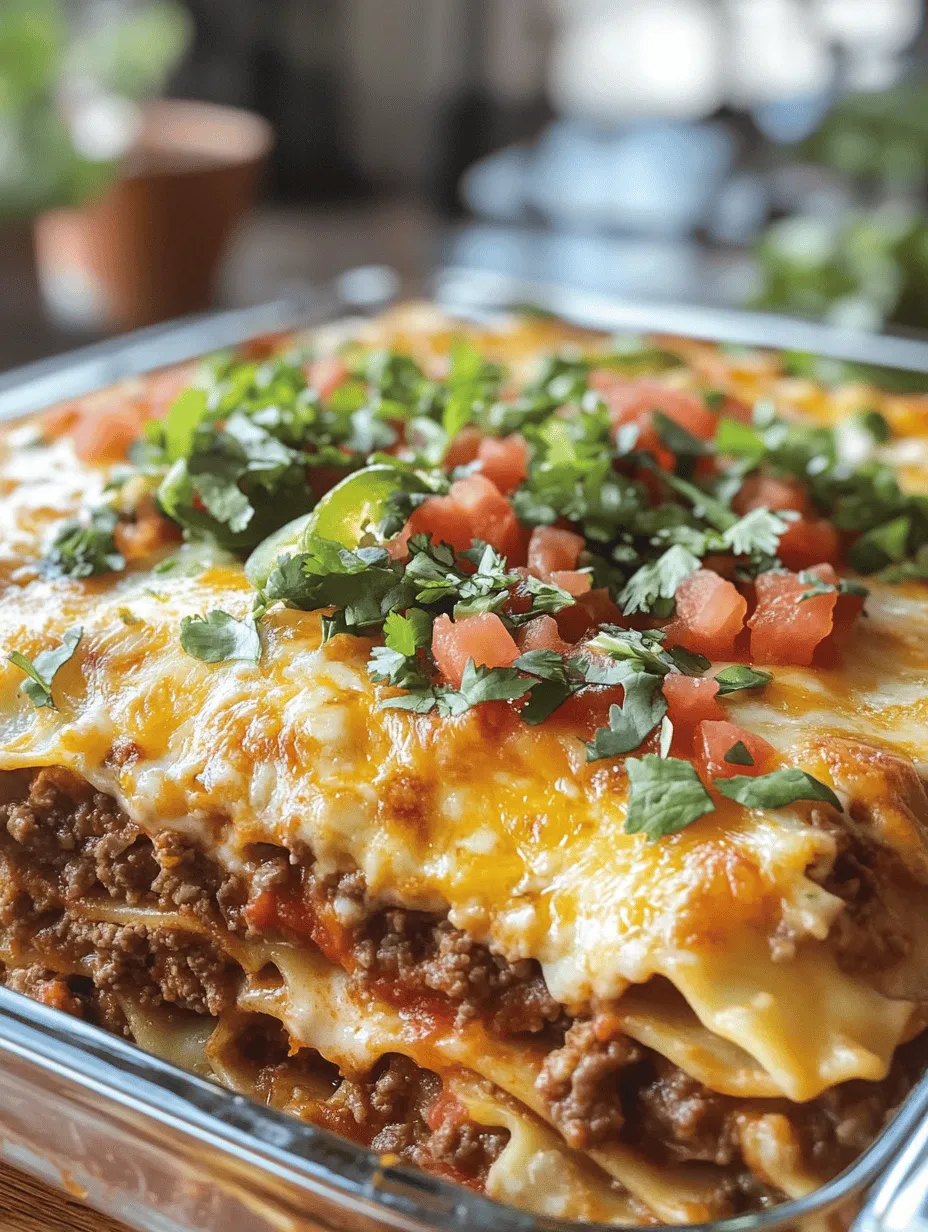 One of the standout features of this Cheesy Beef Taco Lasagna is its incredible versatility. It is not just a meal; it's an experience that can cater to a variety of occasions. The comforting nature of lasagna makes it an ideal choice for cozy family dinners, while its vibrant flavors and eye-catching presentation make it a hit at parties and gatherings. Additionally, the preparation of this dish is straightforward, with many steps that can be tackled ahead of time, allowing for a stress-free cooking experience.