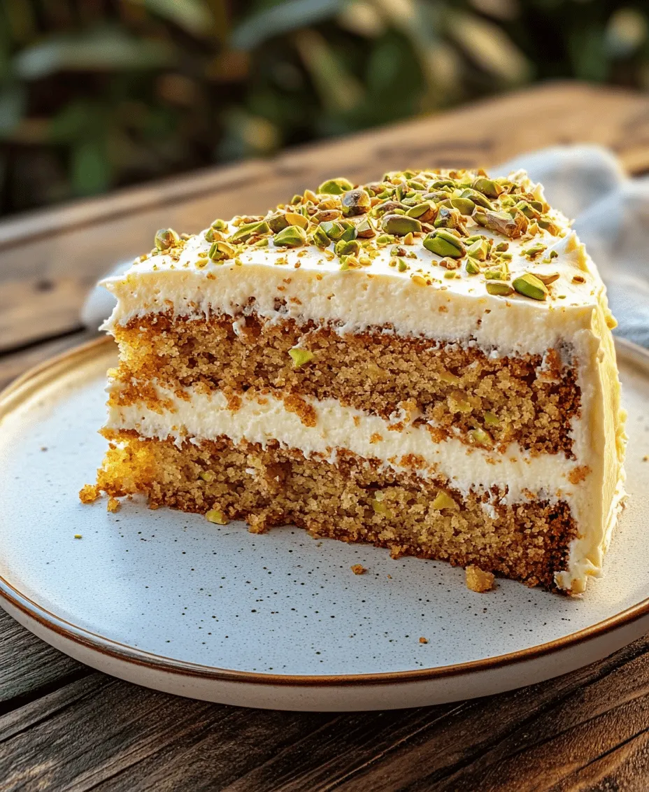 Welcome to the delightful world of baking, where flavors converge to create something truly magical. Today, we’re diving into the enchanting realm of <strong>Pistachio Pineapple Cake</strong>—a treat that masterfully blends the nutty essence of pistachios with the tropical sweetness of pineapple. This cake is not only a feast for the taste buds but also a visual delight, making it a perfect centerpiece for any occasion, whether it’s a casual family gathering, a birthday celebration, or a festive holiday feast.” /></p>
</p>
<h3>Combining Wet and Dry Ingredients</h3>
</p>
<p>When preparing the Pistachio Pineapple Cake, the key to achieving a light and fluffy texture lies in how you combine the wet and dry ingredients. Begin by whisking the dry ingredients—the flour, baking powder, and a pinch of salt—in one bowl until they are well combined. In a separate bowl, mix the wet ingredients, including the eggs, vegetable oil, vanilla extract, and the crushed pineapple along with its juice.</p>
</p>
<p>To combine the wet and dry mixtures, pour the wet ingredients into the dry ingredients bowl. Using a rubber spatula or a wooden spoon, gently fold the mixtures together. It’s crucial to avoid overmixing at this stage, as this can lead to a dense cake. Aim for a few flour streaks to remain visible; the batter will continue to mix as you add the pineapple and pistachios. This gentle folding method allows for the incorporation of air, which is essential for achieving that desirable lightness in your cake.</p>
</p>
<h3>Folding in Pineapple and Pistachios</h3>
</p>
<p>Once the wet and dry ingredients are nearly combined, it’s time to fold in the star ingredients: the crushed pineapple and chopped pistachios. Using your spatula, carefully add the pineapple first, ensuring that it is evenly distributed throughout the batter. The moisture from the pineapple not only enhances the flavor but also helps to keep the cake moist.</p>
</p>
<p>After the pineapple is evenly mixed in, add in the chopped pistachios. These not only add a delightful crunch but also a rich, nutty flavor that complements the sweetness of the pineapple. When folding these into the batter, use a gentle hand, ensuring that you maintain the airiness of the mixture. This approach will ensure that the cake rises beautifully in the oven, giving it a light and fluffy texture.</p>
</p>
<h3>Baking and Cooling the Cake</h3>
</p>
<p>Now that your batter is ready, it’s time to bake. Preheat your oven to 350°F (175°C). Prepare your cake pans by greasing them with butter or cooking spray, and lightly dusting them with flour to prevent sticking. This recipe typically works well in two 9-inch round cake pans, but it can also be baked in a 13×9 inch pan if you prefer a single-layer cake.</p>
</p>
<p>Pour the batter evenly into the prepared cake pans. Bake the cakes in the preheated oven for about 25-30 minutes, or until the tops are golden brown and a toothpick inserted in the center comes out clean. It’s important to start checking for doneness around the 25-minute mark to avoid overbaking, which can lead to a dry cake.</p>
</p>
<p>Once baked, remove the cakes from the oven and let them cool in the pans for about 10 minutes before transferring them to a wire rack. This cooling step is essential, as it allows the cakes to set properly and prevents them from collapsing. Let the cakes cool completely before frosting them; this ensures that the cream cheese frosting doesn’t melt off the sides.</p>
</p>
<h3>Making the Cream Cheese Frosting</h3>
</p>
<p>While the cakes are cooling, you can prepare the cream cheese frosting. Start by bringing your cream cheese and butter to room temperature; this will make them easier to mix and result in a smoother frosting. In a medium bowl, beat together 8 ounces of cream cheese and 1/2 cup of unsalted butter until the mixture is light and fluffy. This should take about 2-3 minutes using an electric mixer on medium speed.</p>
</p>
<p>Gradually add in 4 cups of powdered sugar, mixing on low speed to prevent a sugar cloud. Once the sugar is incorporated, add in 1 teaspoon of vanilla extract and mix until combined. If the frosting is too thick, you can add a tablespoon of milk to reach your desired consistency. Conversely, if it’s too thin, simply add more powdered sugar. The balance of sweetness and creaminess is key here, so taste as you go to ensure it meets your preference.</p>
</p>
<h3>Frosting the Cake</h3>
</p>
<p>With your cakes completely cooled and the frosting ready, it’s time to assemble and frost. If you baked in round pans, place one cake layer on a serving plate or a cake stand. Use a spatula to spread a generous layer of cream cheese frosting over the top of the first layer. Place the second cake layer on top, and then frost the top and sides of the cake with the remaining frosting.</p>
</p>
<p>To create a polished finish, you can smooth the frosting with a bench scraper or the back of a spatula. For a touch of elegance, consider decorating the top with a sprinkle of chopped pistachios or a few additional pieces of crushed pineapple. These toppings not only enhance the visual appeal but also add an extra layer of flavor.</p>
</p>
<h3>Serving Suggestions</h3>
</p>
<p>The Pistachio Pineapple Cake makes a delightful centerpiece for various occasions. Its unique flavor combination of nutty pistachios and sweet pineapple appeals to a wide range of tastes, making it perfect for spring and summer gatherings, birthday parties, or even casual afternoon teas.</p>
</p>
<p>Pair the cake with a refreshing beverage such as iced tea or lemonade, which can wonderfully complement its tropical flavors. For a more indulgent treat, serve it with a scoop of vanilla ice cream or a dollop of whipped cream. The cake can be enjoyed as a dessert or even as a sweet brunch option alongside coffee or a fruit platter.</p>
</p>
<h3>Nutritional Information</h3>
</p>
<p>When considering the nutritional aspects of the Pistachio Pineapple Cake, it’s worth noting that while it is a treat, it can still fit into a balanced diet when enjoyed in moderation. Each slice provides a unique combination of flavors and textures, aided by the nutritional benefits of pineapple and pistachios. Pineapple offers vitamin C and manganese, while pistachios are a good source of healthy fats, protein, and fiber.</p>
</p>
<p>For those with dietary restrictions, there are ways to adapt this recipe. To make a gluten-free version, substitute all-purpose flour with a 1:1 gluten-free flour blend. You can also experiment with using less sugar or a sugar substitute to suit your dietary needs.</p>
</p>
<h3>Conclusion</h3>
</p>
<p>The Pistachio Pineapple Cake is a delightful dessert that combines tropical sweetness and nutty flavor, making it a perfect choice for any occasion. By following the steps outlined, you can create a cake that not only tastes delicious but is also visually stunning. The process of making this cake is as enjoyable as sharing it with friends and family, who are sure to appreciate its unique flavors and delightful texture.</p>
</p>
<p>So why not give this recipe a try? Embrace the joy of baking and experience the satisfaction of creating a cake that is sure to impress. Enjoy the delightful flavors and textures of the Pistachio Pineapple Cake, and don’t forget to share your baking adventures with others!</p>
</div>