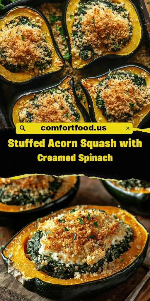 Delight in the seasonal flavors of Stuffed Acorn Squash with Creamed Spinach! This nutritious dish combines the sweet, nutty essence of acorn squash with a creamy spinach filling, making it perfect for family dinners or cozy nights in. Packed with vitamins and fiber, it's a delicious way to incorporate more veggies into your meals. Try this versatile recipe, and feel free to customize the filling to suit your taste! #AcornSquash #HealthyEating #SeasonalRecipes #VegetarianDelight #HomeCooking