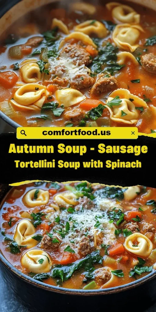 Warm up this autumn with a delicious bowl of Sausage Tortellini Soup with Spinach! Perfect for chilly evenings, this hearty dish features juicy Italian sausage, tender tortellini, and vibrant spinach, all simmered to perfection. Packed with flavor and nutrition, it’s a comforting meal for the whole family. Try garnishing with Parmesan and fresh herbs for an extra touch. Cozy up and enjoy! #SausageTortelliniSoup #AutumnRecipes #ComfortFood #HealthyEating #FallCooking #SoupSeason