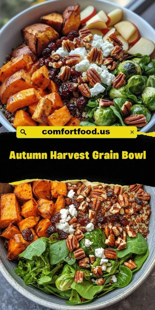 Get cozy this autumn with an Autumn Harvest Grain Bowl, packed with seasonal goodness! This nutritious recipe combines protein-rich quinoa, roasted butternut squash, crispy Brussels sprouts, and crunchy chickpeas, all topped with vibrant pomegranate seeds and nuts. Perfect for a cozy dinner or gathering, it's a feast for your taste buds and a celebration of the season. Enjoy the flavors of fall in every bite! #AutumnHarvest #GrainBowl #HealthyEating #FallRecipes #Quinoa #NourishYourBody