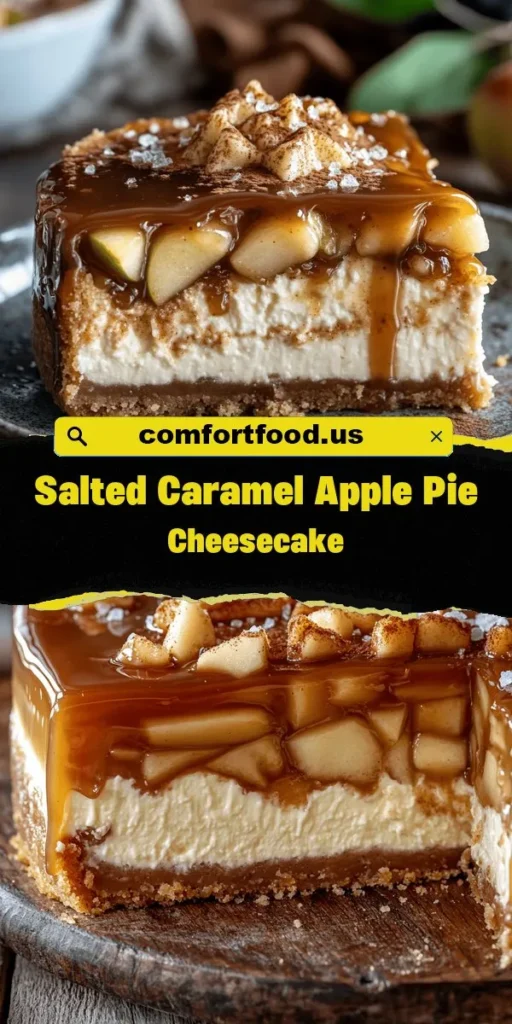 Indulge in the perfect blend of flavors with this Salted Caramel Apple Pie Cheesecake recipe! This delightful dessert combines the classic richness of cheesecake with the nostalgic flavors of apple pie, all topped with a decadent salted caramel sauce. A buttery graham cracker crust, spiced apple filling, and creamy cheesecake layer make this treat irresistible. Perfect for holidays or any special occasion, it promises to wow your guests and create unforgettable memories. #Dessert #Cheesecake #Baking #ApplePie #SaltedCaramel #Recipe #FallBaking #SweetTreats