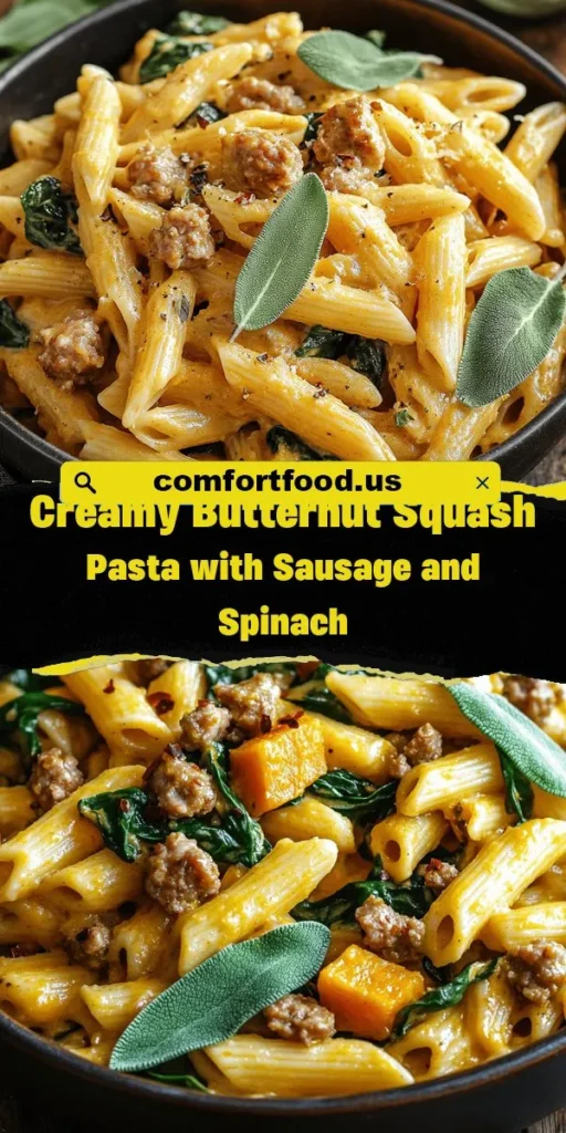Indulge in a warm, comforting bowl of creamy butternut squash pasta with sausage and spinach. This delicious dish combines roasted butternut squash's sweet flavor with savory Italian sausage and fresh spinach, all enveloped in a rich, creamy sauce. Perfect for cozy family dinners or festive gatherings, it's nutritious and satisfying. Discover the joy of cooking this fall favorite that’s sure to become a staple in your kitchen! #ButternutSquashPasta #ComfortFood #FallRecipes #HealthyEating #PastaLovers