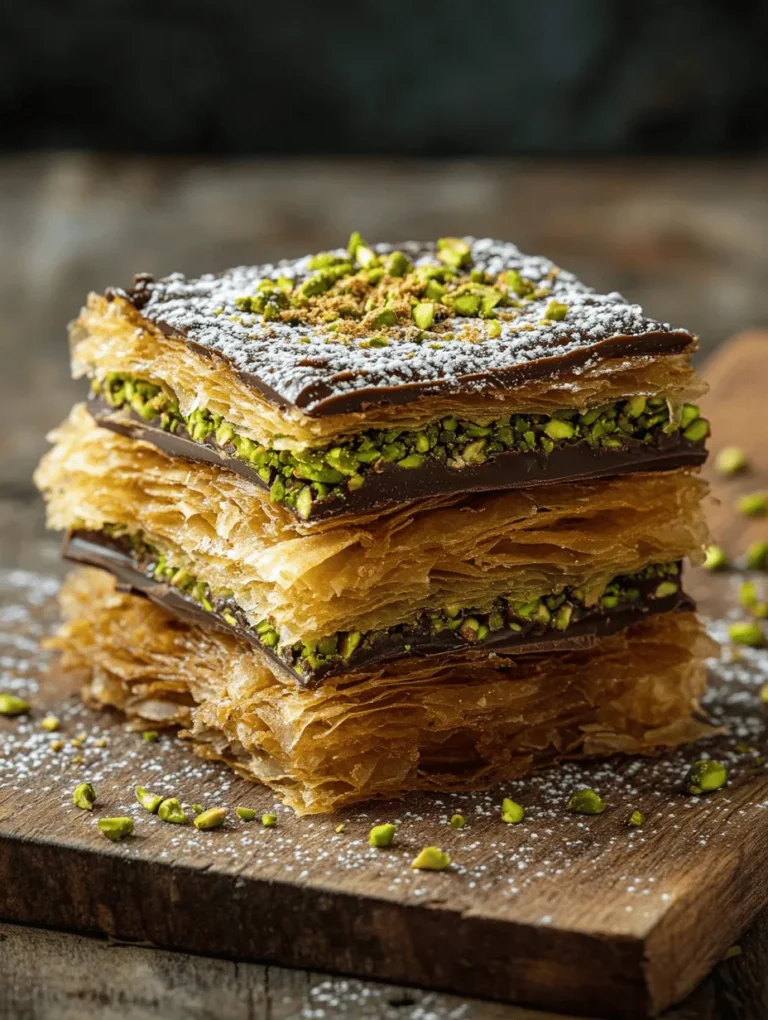 Desserts have a unique way of bringing people together, often steeped in cultural significance and rich traditions. One such delightful creation is the Pistachio Kataifi Chocolate Bar, a fascinating blend of textures and flavors that celebrates the artistry of Middle Eastern cuisine. The marriage of shredded kataifi pastry with the earthy crunch of pistachios and the deep richness of dark chocolate creates a dessert that is not only visually stunning but also an explosion of taste with every bite.