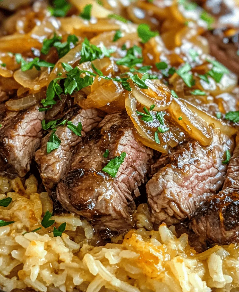 In the realm of comfort food, few dishes can rival the rich, hearty satisfaction of a well-prepared beef dish. Among these, <strong>Savory French Onion Beef Over Rice</strong> stands out as a perfect blend of flavors, textures, and aromas that can transform any ordinary meal into a delightful culinary experience. This dish marries the classic taste of French onion soup with tender beef, all served over a fluffy bed of rice, making it an ideal choice for a cozy family dinner or a comforting meal after a long day.” /></p>
</p>
<h3>Preparing the Rice</h3>
</p>
<p>Cooking rice, particularly long-grain varieties, can seem daunting, but with the right techniques, you can achieve perfectly fluffy rice every time. For the Savory French Onion Beef Over Rice recipe, the rice serves as a comforting base that complements the rich flavors of the beef and onion mixture.</p>
</p>
<h4>Techniques for Cooking Long-Grain Rice Perfectly</h4>
</p>
<p>1. <strong>Choosing the Right Rice</strong>: Long-grain varieties like basmati or jasmine are ideal for this dish as they hold their shape well and have a pleasant, fluffy texture.</p>
</p>
<p>2. <strong>Rinsing the Rice</strong>: Before cooking, rinse the rice under cold water until the water runs clear. This step removes excess starch, preventing the rice from becoming gummy.</p>
</p>
<p>3. <strong>Rice-to-Water Ratio</strong>: The typical ratio for long-grain rice is 1 cup of rice to 2 cups of water or broth. However, check the package instructions for specific ratios, as they can vary slightly based on the brand.</p>
</p>
<p>4. <strong>Cooking Method</strong>:</p>
<p>– In a medium saucepan, combine the rinsed rice and water or broth. You can enhance the flavor by using beef broth, which will echo the savory notes of the beef mixture.</p>
<p>– Bring the mixture to a boil over medium-high heat. Once boiling, reduce the heat to low, cover with a tight-fitting lid, and simmer for about 15-20 minutes, or until the rice is tender and the liquid is absorbed.</p>
<p>– Once cooked, remove the pan from heat but keep it covered for an additional 5 minutes. This resting period allows the rice to finish cooking and steam, ensuring a light and fluffy result.</p>
</p>
<h4>Timing the Rice with the Beef Mixture for a Seamless Meal</h4>
</p>
<p>To ensure your meal comes together seamlessly, begin cooking the rice as you start preparing the beef and onion mixture. By the time your savory beef is ready, your rice will be perfectly cooked and waiting. This approach not only streamlines the cooking process but also ensures that everything is hot and fresh when served.</p>
</p>
<h3>Assembling the Dish</h3>
</p>
<p>Once both components are ready, it’s time to assemble your dish for serving. This final step is crucial for both presentation and flavor enhancement.</p>
</p>
<h4>Presentation Tips for Serving</h4>
</p>
<p>1. <strong>Layering the Dish</strong>: Start by placing a generous scoop of the cooked rice in the center of your serving plate. This creates a beautiful base for the beef mixture.</p>
</p>
<p>2. <strong>Adding the Beef Mixture</strong>: Spoon the savory French onion beef mixture over the rice, allowing the rich sauce to cascade down the sides. This not only looks inviting but also ensures each bite is flavorful.</p>
</p>
<p>3. <strong>Importance of Layering Flavors</strong>: Layering is key in this dish. The rice provides a neutral base that soaks up the delicious juices from the beef and onions, while the onions add sweetness and depth. Consider finishing with a sprinkle of freshly cracked black pepper or a dash of hot sauce for an extra kick.</p>
</p>
<h3>Final Touches</h3>
</p>
<h4>Melting the Cheese</h4>
</p>
<p>A classic component of French onion dishes is the addition of cheese, which adds creaminess and richness.</p>
</p>
<p>1. <strong>Best Practices for Broiling Cheese</strong>:</p>
<p>– Preheat your broiler to a high setting.</p>
<p>– Once your beef mixture is assembled over the rice in an oven-safe dish, generously sprinkle shredded cheese on top. Gruyère or Swiss cheese are traditional choices, offering excellent melting properties and a delicious flavor.</p>
<p>– Place the dish under the broiler for 2-3 minutes, watching closely to prevent burning. The cheese should melt, bubble, and turn golden brown.</p>
</p>
<p>2. <strong>Alternatives to Broiling</strong>: If you do not have access to an oven or broiler, you can achieve a similar effect on the stovetop. Simply cover the dish with a lid and cook on low heat until the cheese melts, or microwave the dish for 30-60 seconds until the cheese is melted.</p>
</p>
<h4>Garnishing with Fresh Parsley</h4>
</p>
<p>Garnishing your dish elevates its visual appeal and adds a fresh flavor note.</p>
</p>
<p>1. <strong>The Role of Garnishes</strong>: Freshly chopped parsley not only enhances the dish’s appearance but also contributes a burst of freshness that balances the richness of the beef and cheese. Simply sprinkle a handful of parsley over the top just before serving for a pop of color and flavor.</p>
</p>
<h3>Nutritional Benefits of the Dish</h3>
</p>
<p>This Savory French Onion Beef Over Rice is not only satisfying but also offers several nutritional benefits.</p>
</p>
<p>1. <strong>Overview of Nutritional Aspects of the Ingredients</strong>:</p>
<p>– <strong>Protein Content from Beef</strong>: The beef in this recipe is an excellent source of high-quality protein, essential for muscle repair and overall health.</p>
<p>– <strong>Dietary Fiber from Onions and Rice</strong>: Onions contain dietary fiber, which aids in digestion, while the rice contributes additional fiber content, especially if you choose a whole grain variety.</p>
<p>– <strong>Vitamins and Minerals Present in Garlic and Herbs</strong>: Garlic, often used in the recipe, is known for its health benefits, including immune support and cardiovascular health. Fresh herbs like parsley also offer vitamins A, C, and K.</p>
<p>– <strong>Balancing Indulgence with Health Considerations</strong>: While this dish is hearty and comforting, being mindful of portion sizes and incorporating more vegetables can enhance its nutritional profile.</p>
</p>
<h3>Cultural Significance of French Onion Beef</h3>
</p>
<p>The origins of French onion soup date back to ancient Rome, but it evolved into the beloved dish we know today in the 18th century in France. This recipe reflects the comfort food traditions that are cherished across many cultures.</p>
</p>
<p>1. <strong>Exploration of the Origins of French Onion Soup</strong>: Traditionally made with caramelized onions, beef broth, and topped with crusty bread and cheese, this dish has become a symbol of home cooking and warmth.</p>
</p>
<p>2. <strong>How This Recipe Reflects Comfort Food Traditions Across Cultures</strong>: The Savory French Onion Beef Over Rice takes the essence of the classic French onion soup and transforms it into a hearty meal. This adaptation resonates with comfort food lovers, providing a warm, satisfying dish that brings families together.</p>
</p>
<h3>Conclusion</h3>
</p>
<p>In summary, this Savory French Onion Beef Over Rice is a comforting and satisfying meal that is perfect for family dinners or cozy gatherings. The rich flavors of the beef and onions, paired with fluffy rice and melted cheese, create a delightful culinary experience.</p>
</p>
<p>We encourage you to try this recipe at home, as it not only promises to impress your loved ones but also serves as a reminder of the joy of cooking and sharing meals together. Embrace the warmth of this dish and relish in the moments spent around the dining table, creating cherished memories.</p>
</div>