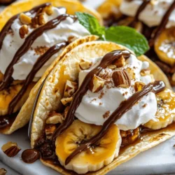 If you're on the hunt for a dessert that’s both indulgent and innovative, look no further than Caramel Banana Nut Tacos. This delightful recipe is a sweet symphony of flavors that combines the natural sweetness of ripe bananas, the rich decadence of homemade caramel, the crunch of mixed nuts, and the fluffiness of whipped cream. What makes this dessert truly special is its unique twist on traditional tacos, utilizing soft flour tortillas as a base instead of conventional taco shells. This creative approach not only adds a playful element to the dessert but also enhances the overall texture, providing a delightful contrast to the gooey caramel and soft bananas.