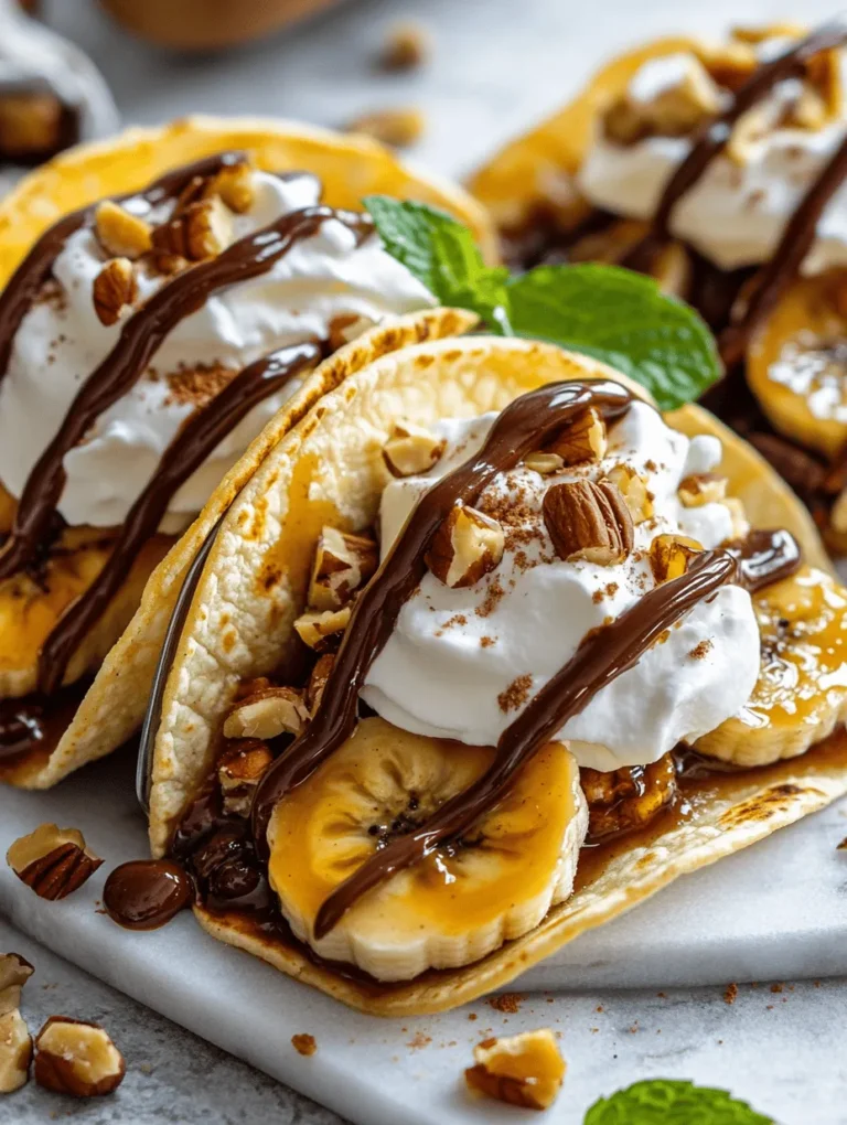 If you're on the hunt for a dessert that’s both indulgent and innovative, look no further than Caramel Banana Nut Tacos. This delightful recipe is a sweet symphony of flavors that combines the natural sweetness of ripe bananas, the rich decadence of homemade caramel, the crunch of mixed nuts, and the fluffiness of whipped cream. What makes this dessert truly special is its unique twist on traditional tacos, utilizing soft flour tortillas as a base instead of conventional taco shells. This creative approach not only adds a playful element to the dessert but also enhances the overall texture, providing a delightful contrast to the gooey caramel and soft bananas.